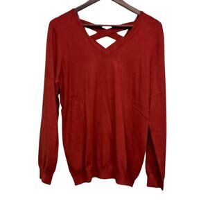 Love-Ellie Womens Large Rust V-Neck Sweater With Back Cross-Strap Detail